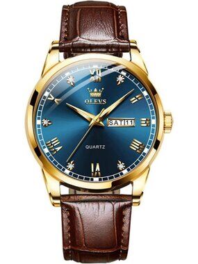 Men's Blue Fashion Quartz Leather Brown Buckle Waterproof Luminous Round Watch